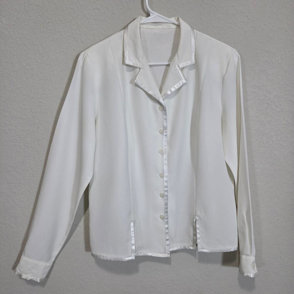 White Blouse Dressy Satin Trim Womens L XL Long Sleeve Button Up Party Office UB